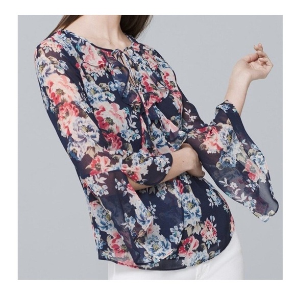 White House Black Market Ruffle Floral Blouse Top - Picture 10 of 10